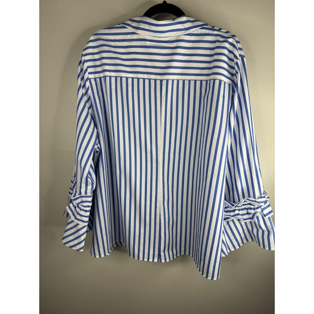 NWT Harshman Ruffle Sleeve Selina Button Down Blouse Indigo Stripes Plus Size 1X - Picture 7 of 7